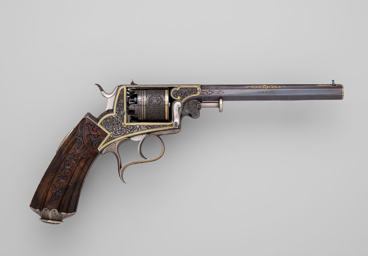 Five Shot Double-Action Percussion Revolver with Shoulder Stock, Case, and Accessories, Steel, wood (oak), silver, gold, copper alloy, textile, lead, German