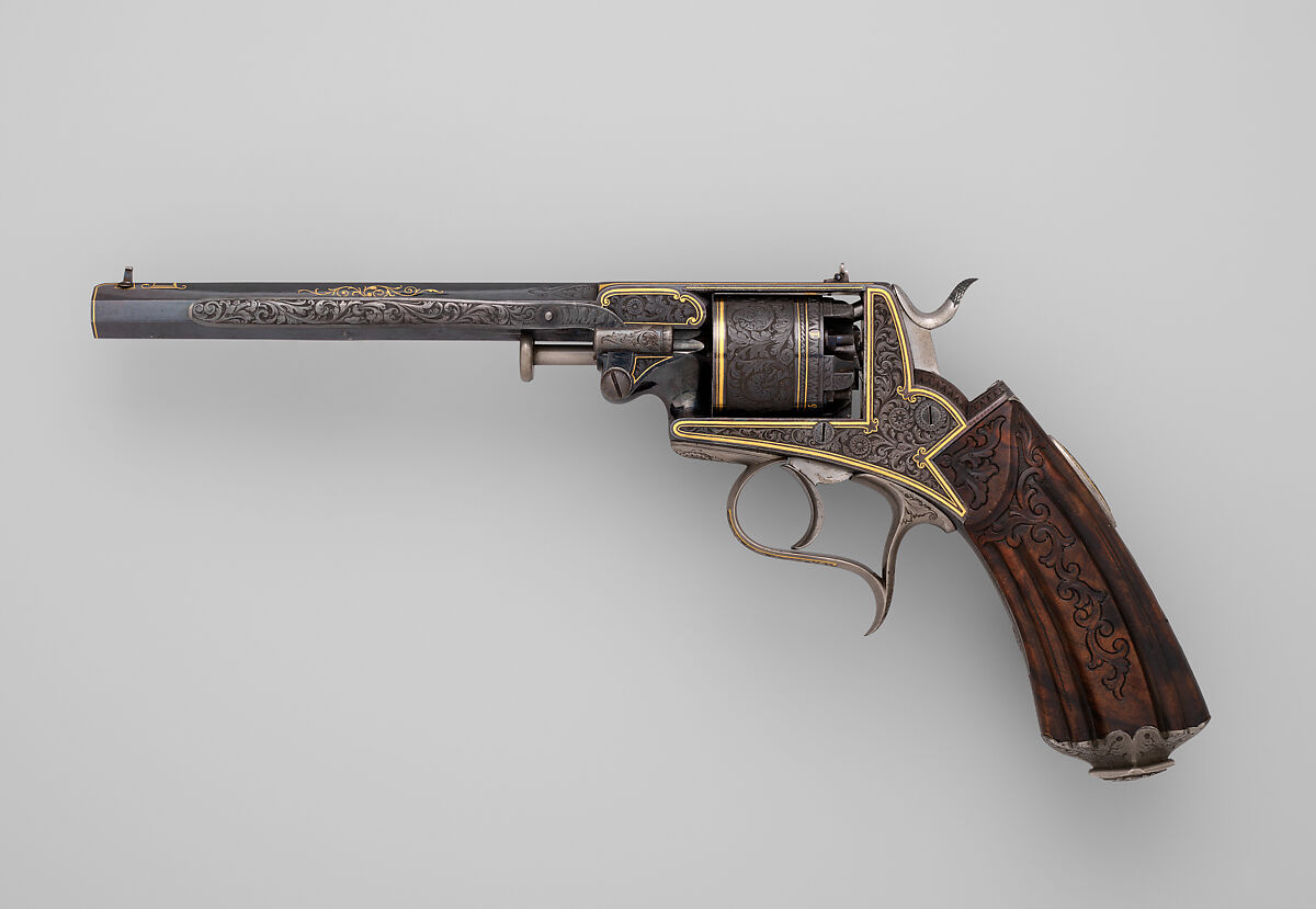 Five Shot Double-Action Percussion Revolver with Shoulder Stock, Case, and Accessories, Steel, wood (oak), silver, gold, copper alloy, textile, lead, German