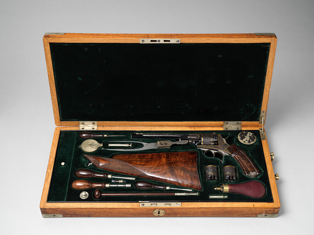 Five Shot Double-Action Percussion Revolver with Shoulder Stock, Case, and Accessories, Steel, wood (oak), silver, gold, copper alloy, textile, lead, German