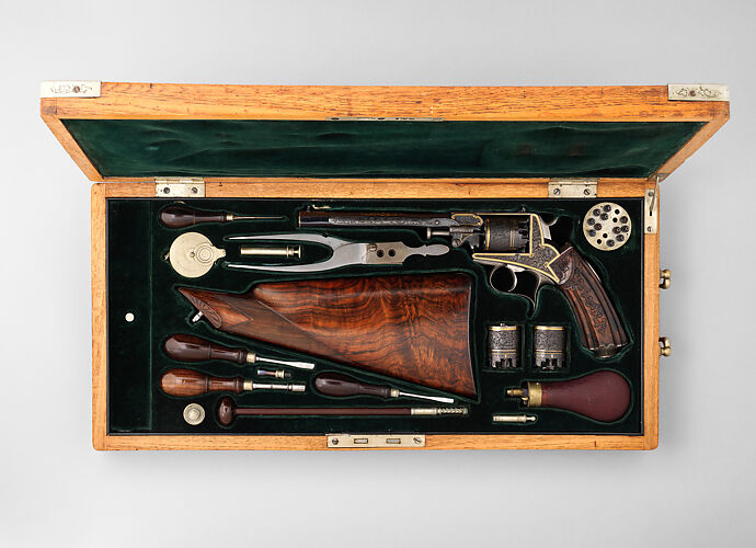 Five Shot Double-Action Percussion Revolver with Shoulder Stock, Case, and Accessories