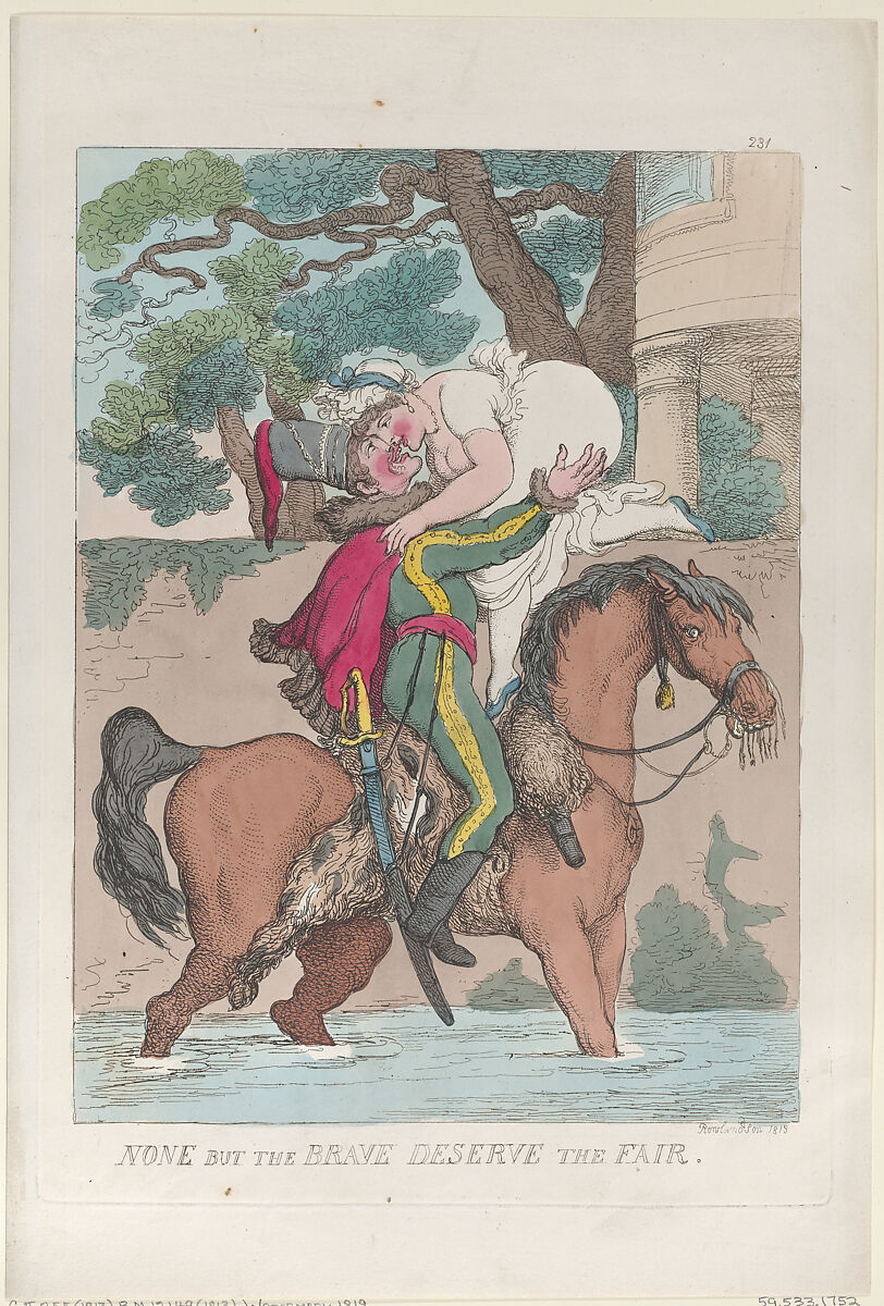 None But the Brave Deserve the Fair, Thomas Rowlandson (British, London 1757–1827 London), Hand-colored etching; reprint 