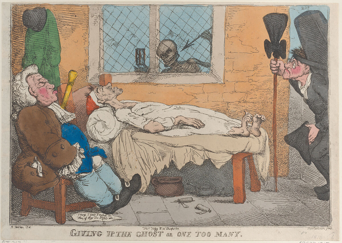 Giving Up the Ghost or One Too Many, Thomas Rowlandson (British, London 1757–1827 London), Hand-colored etching 