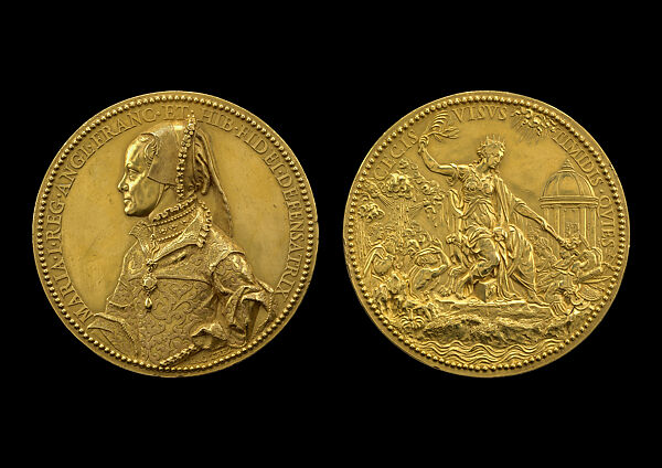 Portrait Medal of Queen Mary I with Allegory of Peace, Jacopo Nizolla da Trezzo  Italian, Cast and chased gold