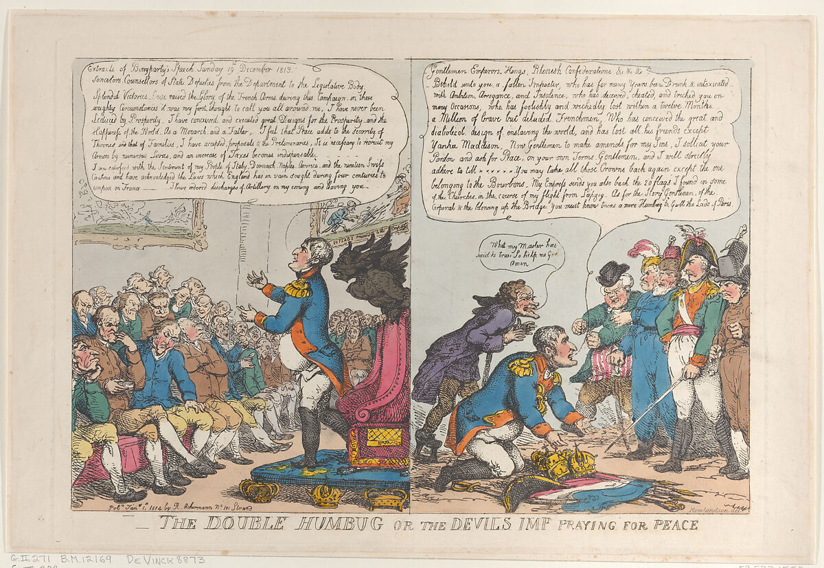 The Double Humbug or the Devils Imp Praying for Peace, Thomas Rowlandson (British, London 1757–1827 London), Hand-colored etching 