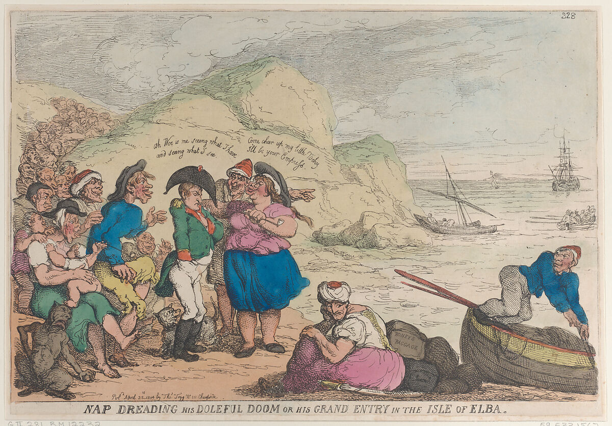Nap Dreading His Doleful Doom or His Grand Entry in the Isle of Elba, Thomas Rowlandson (British, London 1757–1827 London), Hand-colored etching 