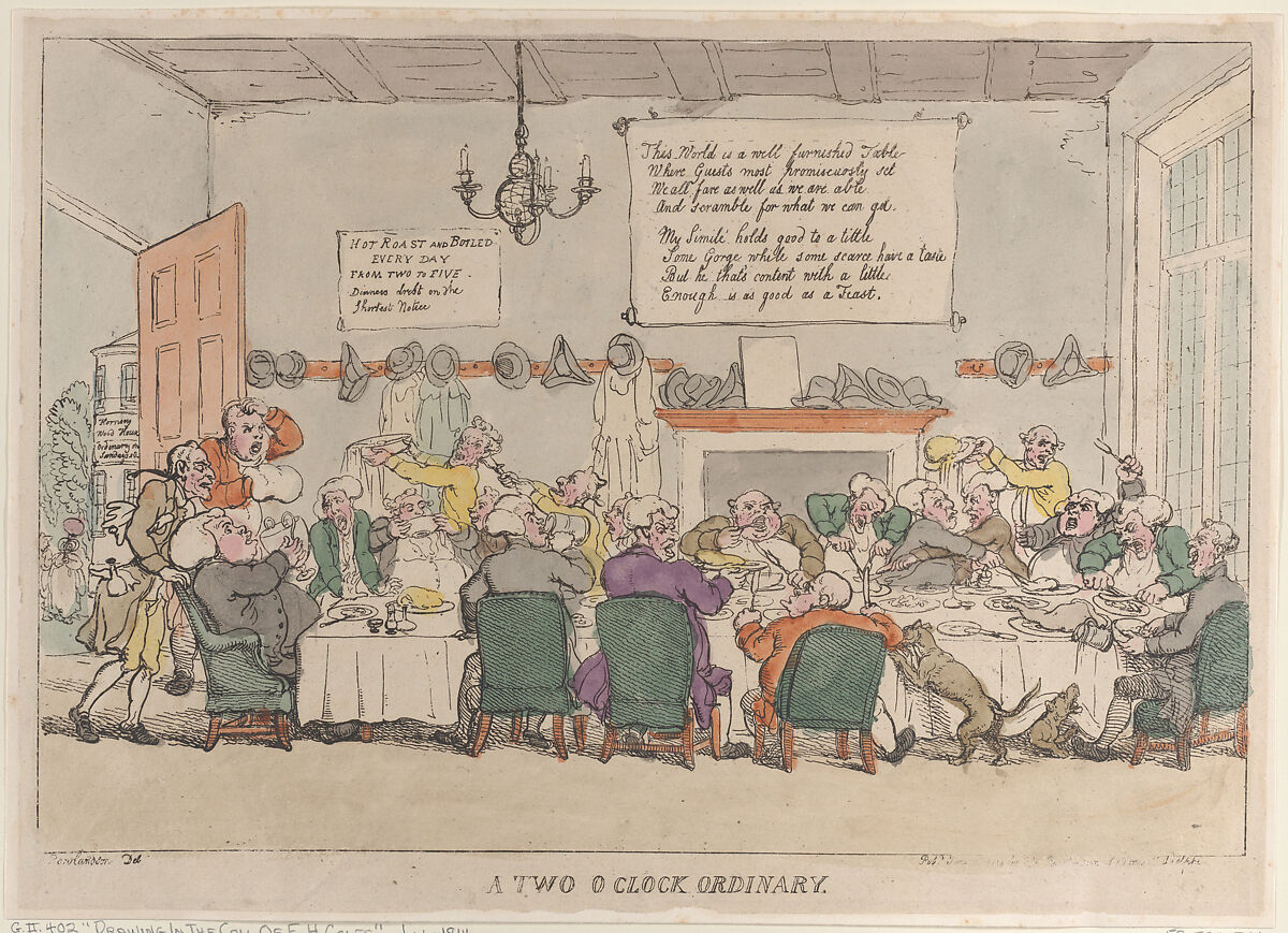 A Two O'Clock Ordinary, Thomas Rowlandson (British, London 1757–1827 London), Hand-colored etching; reprint 