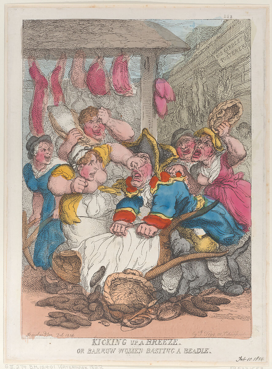 Kicking Up a Breeze or Barrow Women Basting a Beadle, Thomas Rowlandson (British, London 1757–1827 London), Hand-colored etching; reprint 