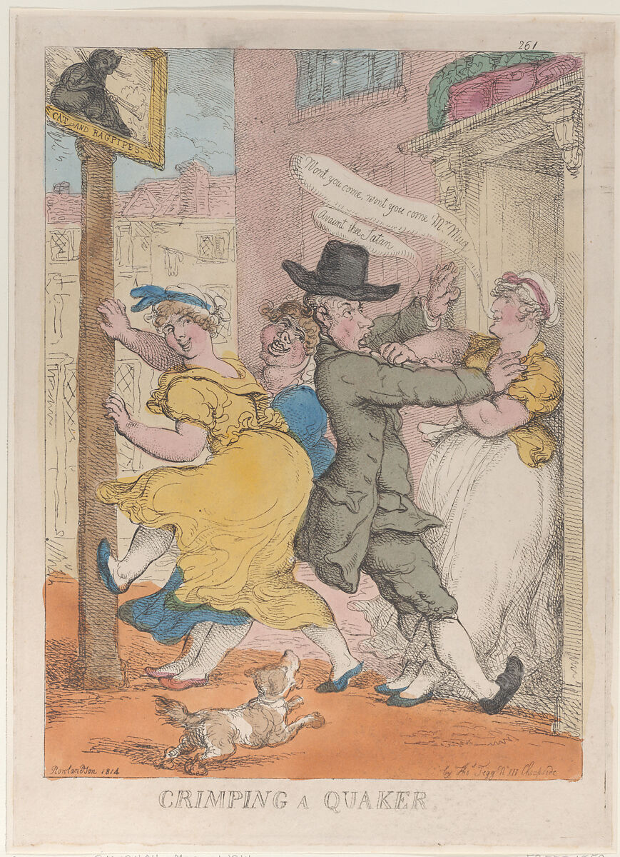 Crimping a Quaker, Thomas Rowlandson (British, London 1757–1827 London), Hand-colored etching 