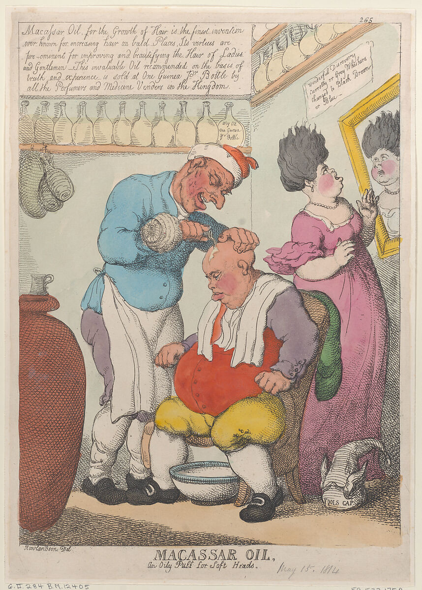 Macassar Oil, An Oily Puff for Soft Heads, Thomas Rowlandson (British, London 1757–1827 London), Hand-colored etching 