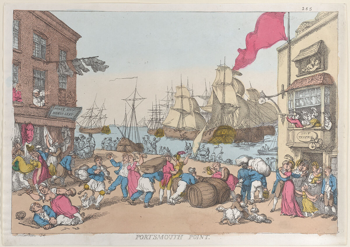 Portsmouth Point, Thomas Rowlandson (British, London 1757–1827 London), Hand-colored etching 
