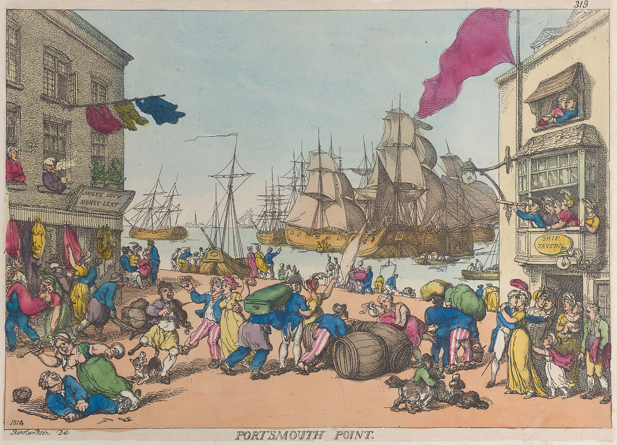 Portsmouth Point, Thomas Rowlandson (British, London 1757–1827 London), Hand-colored etching 