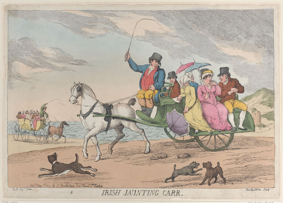Irish Jaunting Car, Thomas Rowlandson (British, London 1757–1827 London), Hand-colored etching 