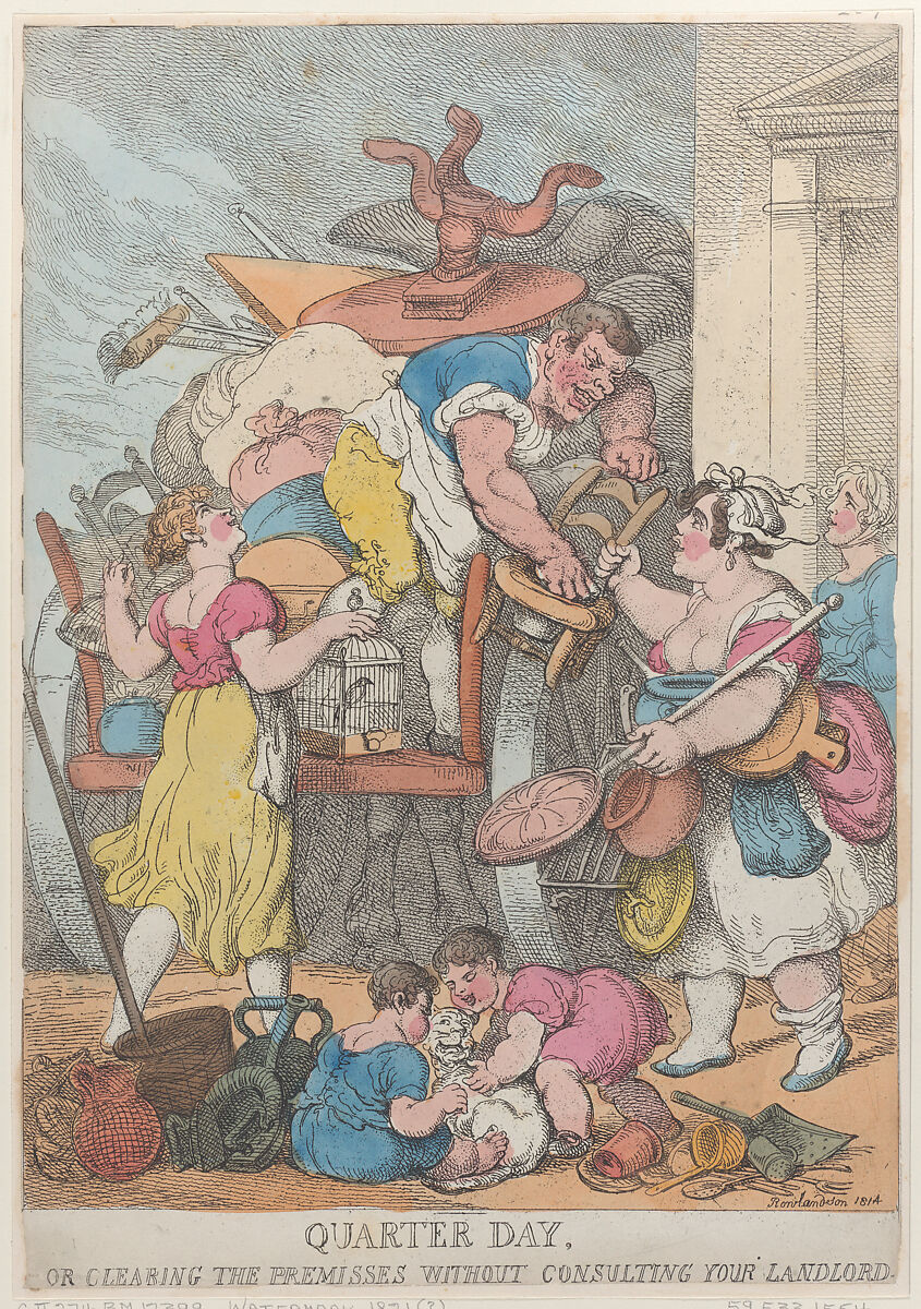 Quarter Day, or Clearing the Premises without Consulting Your Landlord, Thomas Rowlandson (British, London 1757–1827 London), Hand-colored etching 