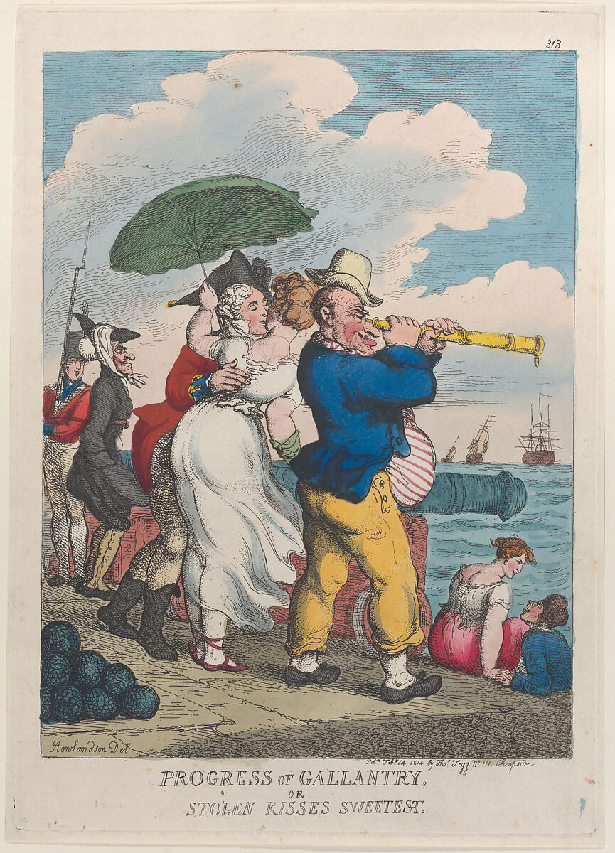Progress of Gallantry or Stolen Kisses Sweetest, Thomas Rowlandson (British, London 1757–1827 London), Hand-colored etching 