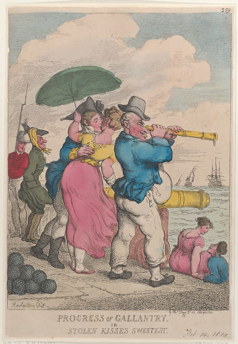 Progress of Gallantry or Stolen Kisses Sweetest, Thomas Rowlandson (British, London 1757–1827 London), Hand-colored etching 