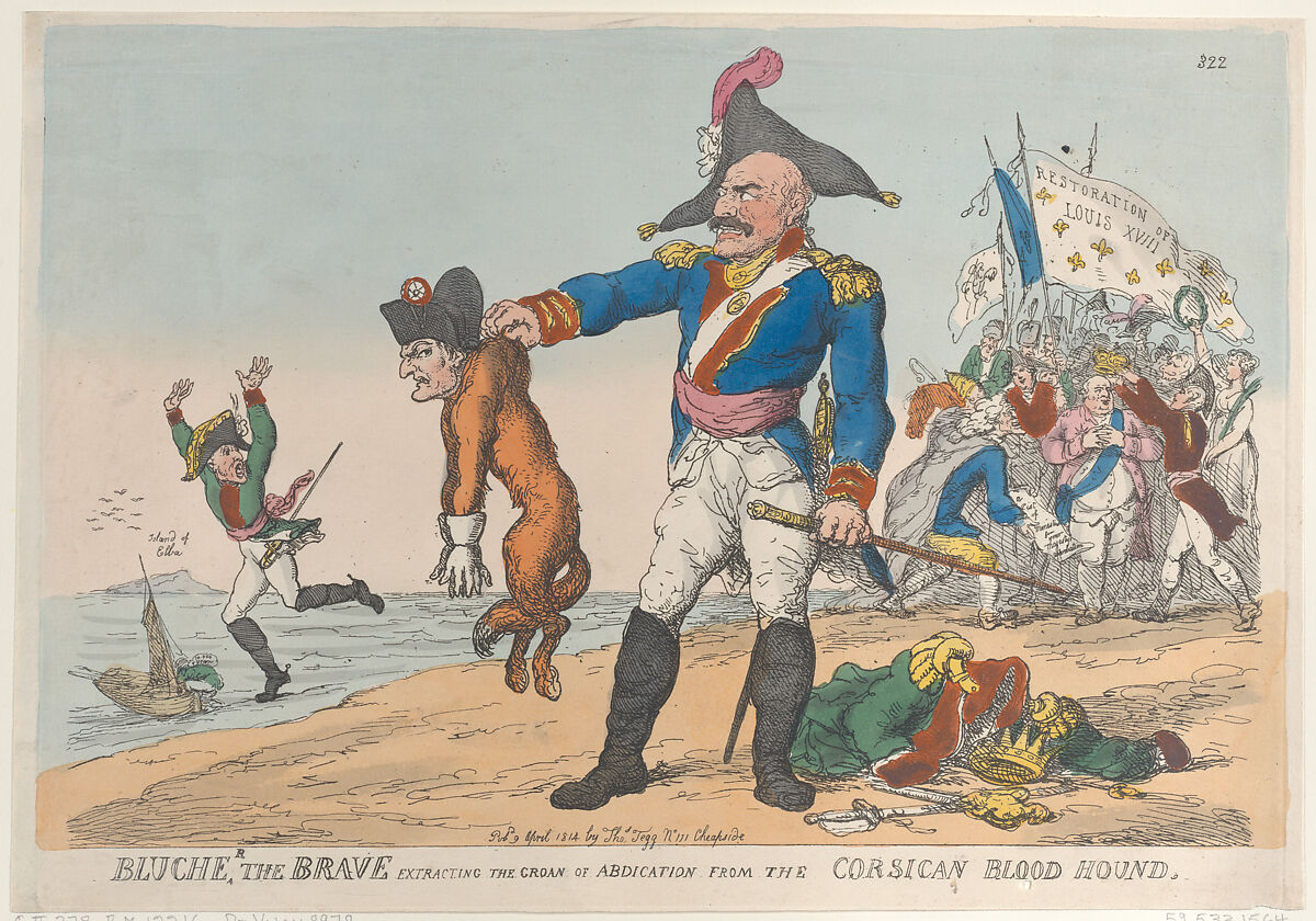 Blucher the Brave Extracting the Groan of Abdication from the Corsican Blood Hound, Thomas Rowlandson (British, London 1757–1827 London), Hand-colored etching 