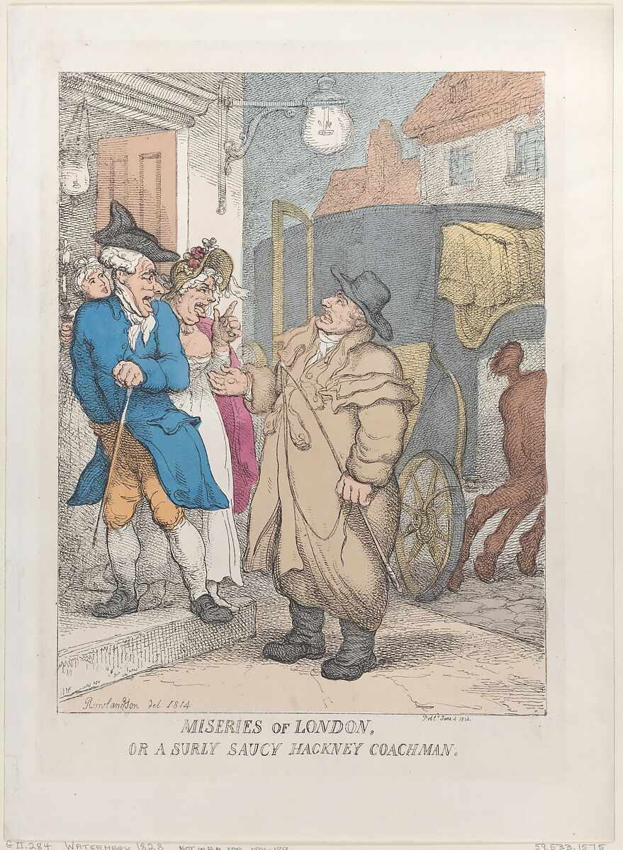 Miseries of London, or a Surly Saucy Hackney Coachman, Thomas Rowlandson (British, London 1757–1827 London), Hand-colored etching; reprint 