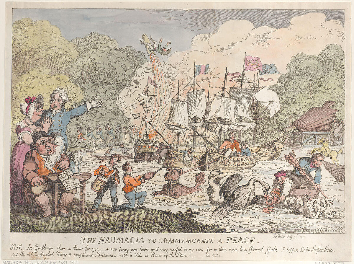 The Naumacia to Commemorate a Peace, Thomas Rowlandson (British, London 1757–1827 London), Hand-colored etching 