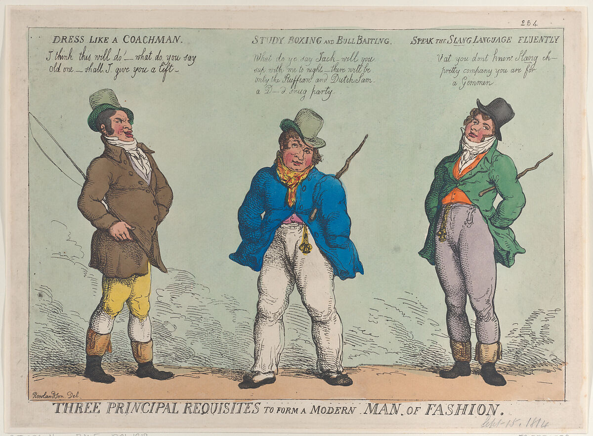 Three Principal Requisites to Form a Modern Man of Fashion, Thomas Rowlandson (British, London 1757–1827 London), Hand-colored etching 