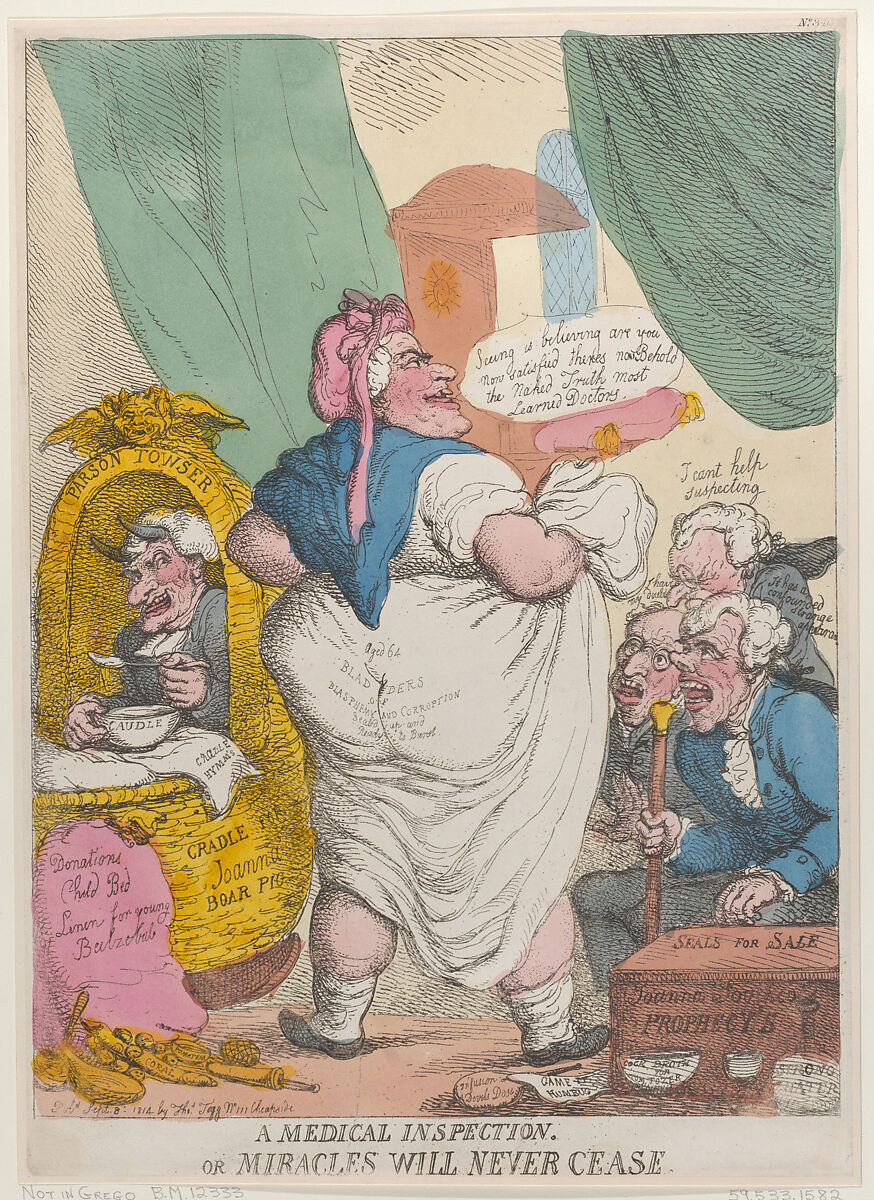 A Medical Inspection or Miracles Will Never Cease, Thomas Rowlandson (British, London 1757–1827 London), Hand-colored etching 
