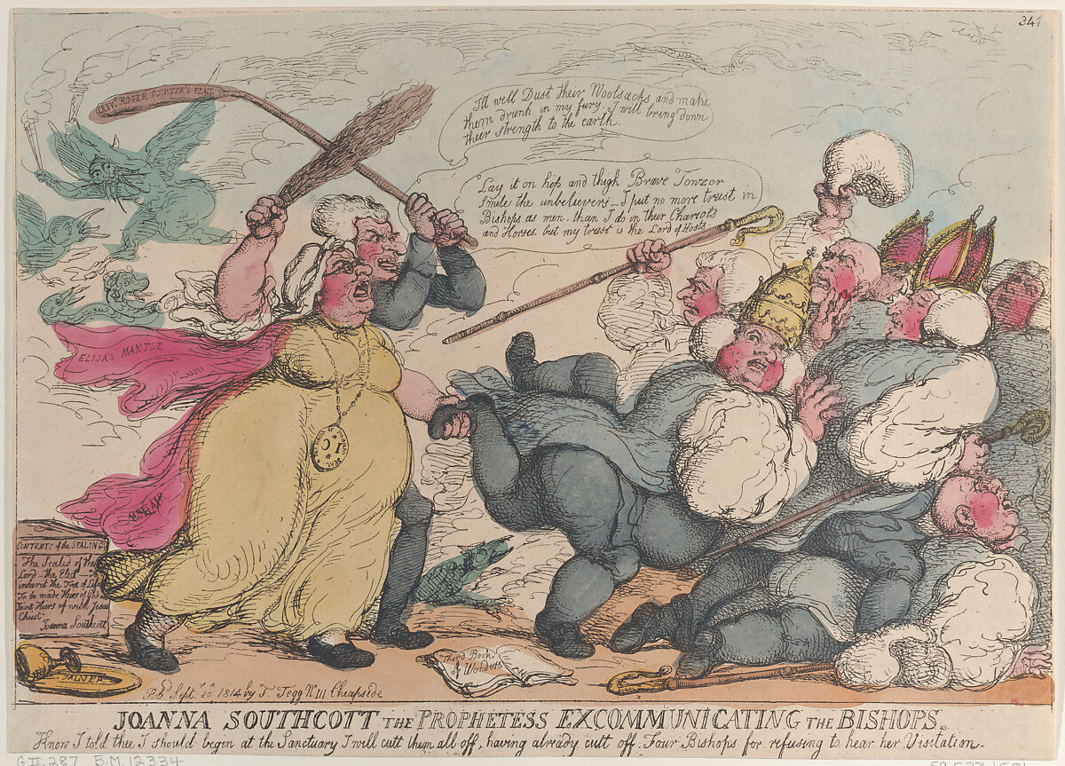 Joanna Southcott the Prophetess Excommunicating the Bishops, Thomas Rowlandson (British, London 1757–1827 London), Hand-colored etching 