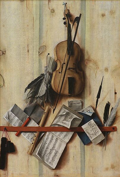 Trompe l’Oeil with Violin, Music Book, and Recorder, Cornelius Norbertus Gijsbrechts (Flemish, 1625/29–after 1677), Oil on canvas 