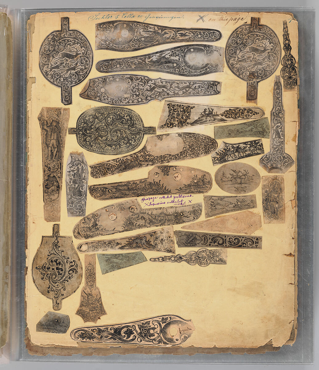 Workbook Recording the Engraved Firearms Ornament of Louis D. Nimschke (1832–1904), Louis Daniel Nimschke (American, born Ebersdorf, Reuss Schleiz, Germany July 14, 1832–April 9, 1904 Brooklyn, New York), Ink on paper, leather binding, American, New York