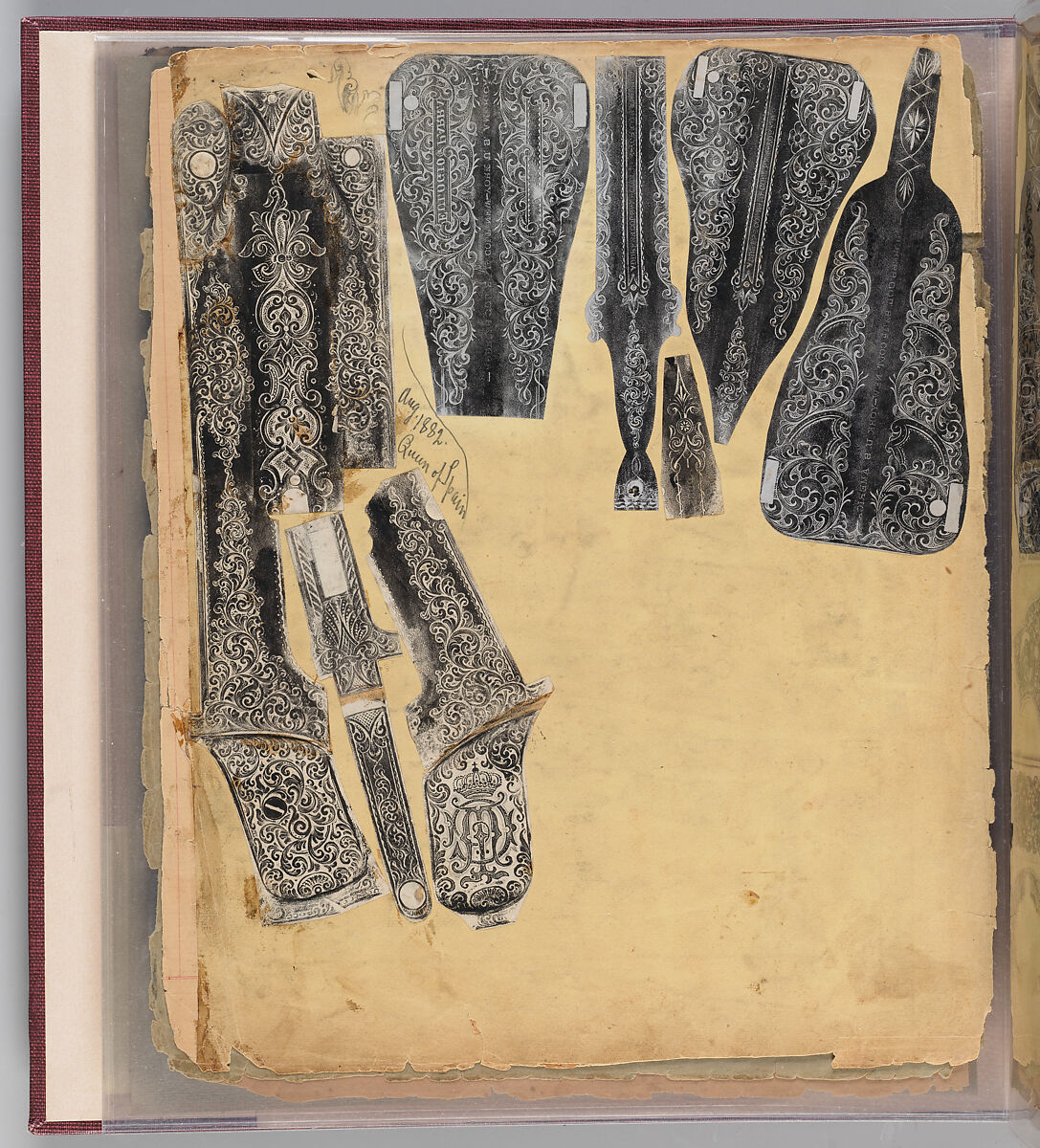 Workbook Recording the Engraved Firearms Ornament of Louis D. Nimschke (1832–1904), Louis Daniel Nimschke (American, born Ebersdorf, Reuss Schleiz, Germany July 14, 1832–April 9, 1904 Brooklyn, New York), Ink on paper, leather binding, American, New York