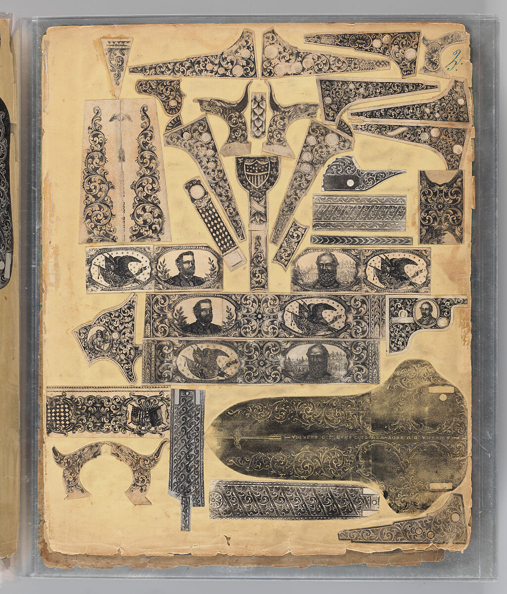 Workbook Recording the Engraved Firearms Ornament of Louis D. Nimschke (1832–1904), Louis Daniel Nimschke (American, born Ebersdorf, Reuss Schleiz, Germany July 14, 1832–April 9, 1904 Brooklyn, New York), Ink on paper, leather binding, American, New York