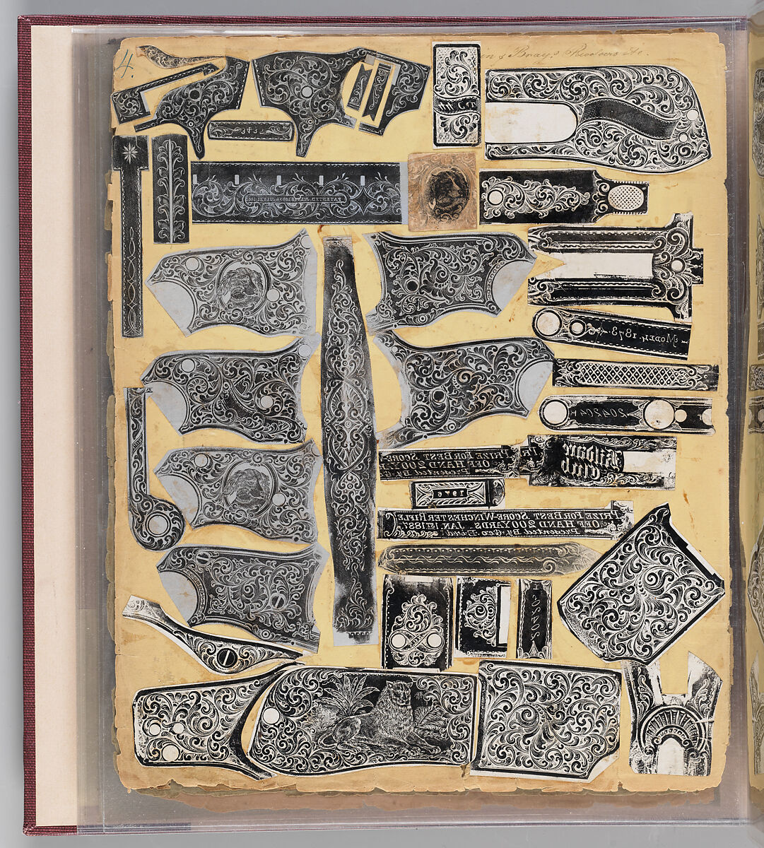 Workbook Recording the Engraved Firearms Ornament of Louis D. Nimschke (1832–1904), Louis Daniel Nimschke (American, born Ebersdorf, Reuss Schleiz, Germany July 14, 1832–April 9, 1904 Brooklyn, New York), Ink on paper, leather binding, American, New York