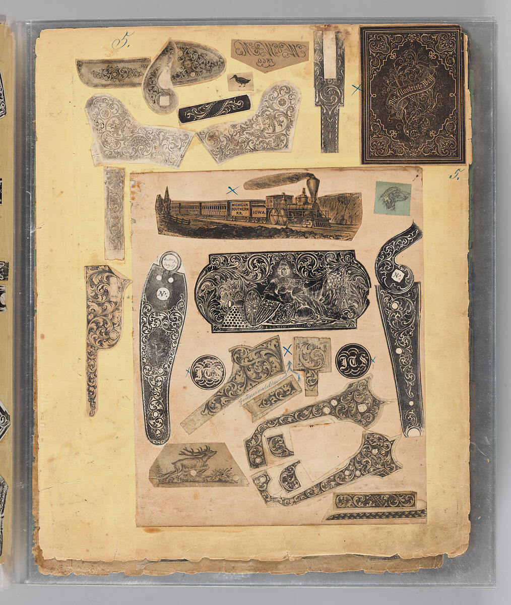 Workbook Recording the Engraved Firearms Ornament of Louis D. Nimschke (1832–1904), Louis Daniel Nimschke (American, born Ebersdorf, Reuss Schleiz, Germany July 14, 1832–April 9, 1904 Brooklyn, New York), Ink on paper, leather binding, American, New York