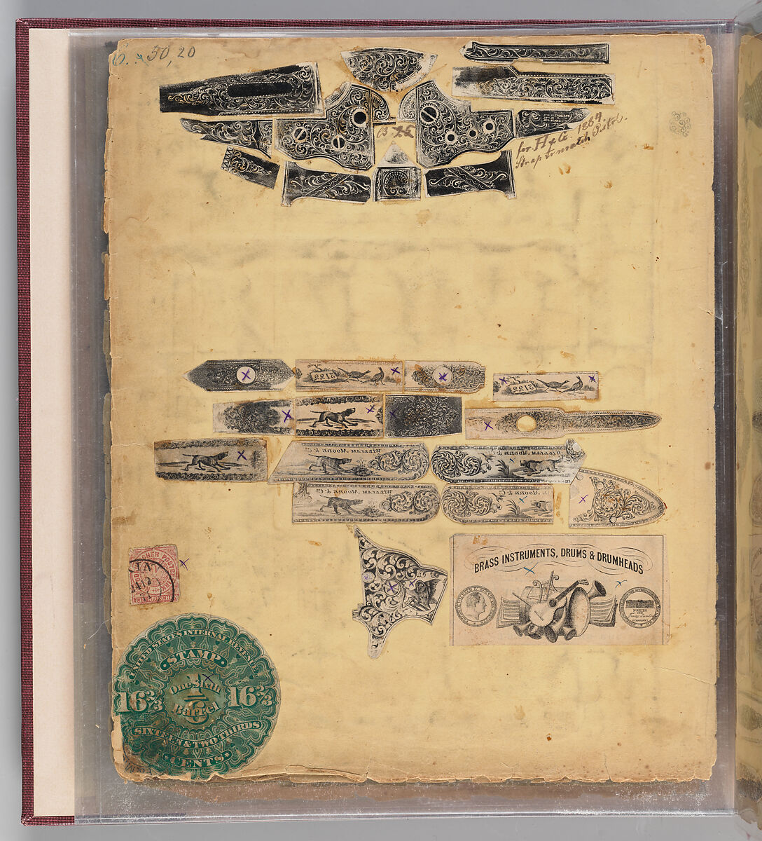 Workbook Recording the Engraved Firearms Ornament of Louis D. Nimschke (1832–1904), Louis Daniel Nimschke (American, born Ebersdorf, Reuss Schleiz, Germany July 14, 1832–April 9, 1904 Brooklyn, New York), Ink on paper, leather binding, American, New York