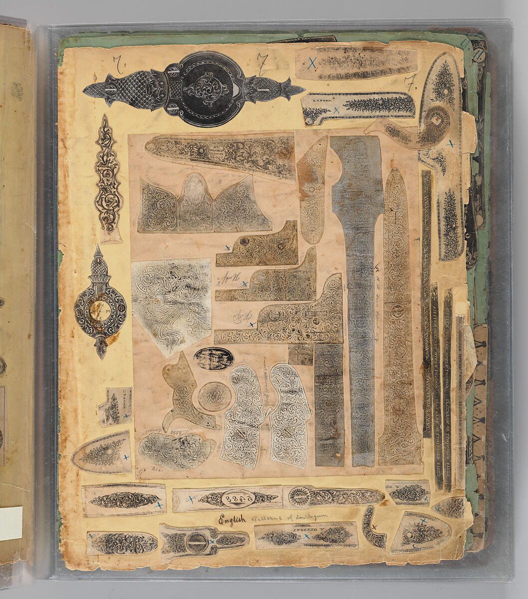Workbook Recording the Engraved Firearms Ornament of Louis D. Nimschke (1832–1904), Louis Daniel Nimschke (American, born Ebersdorf, Reuss Schleiz, Germany July 14, 1832–April 9, 1904 Brooklyn, New York), Ink on paper, leather binding, American, New York