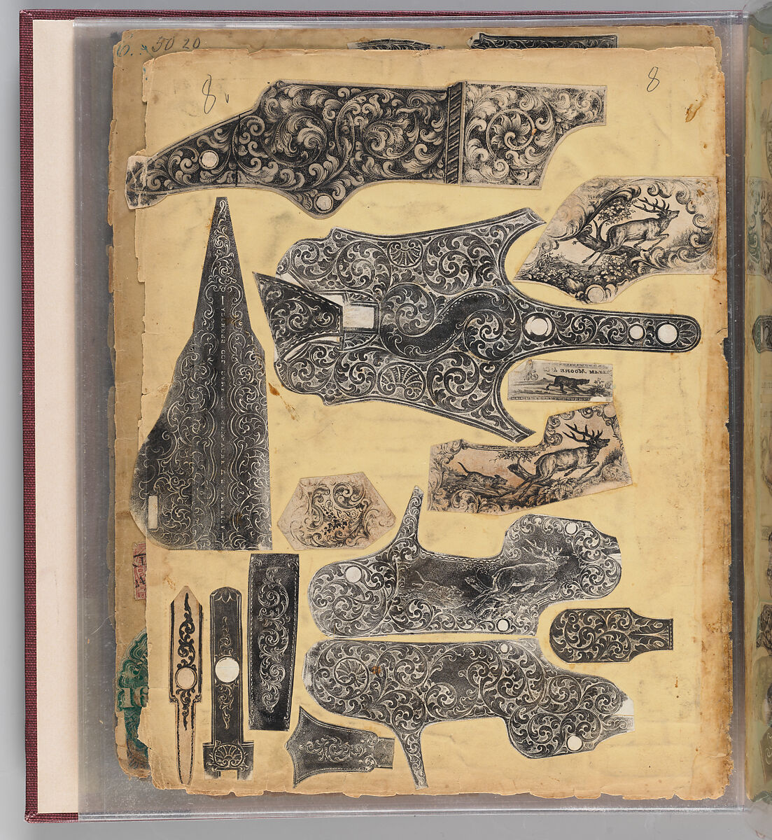Workbook Recording the Engraved Firearms Ornament of Louis D. Nimschke (1832–1904), Louis Daniel Nimschke (American, born Ebersdorf, Reuss Schleiz, Germany July 14, 1832–April 9, 1904 Brooklyn, New York), Ink on paper, leather binding, American, New York