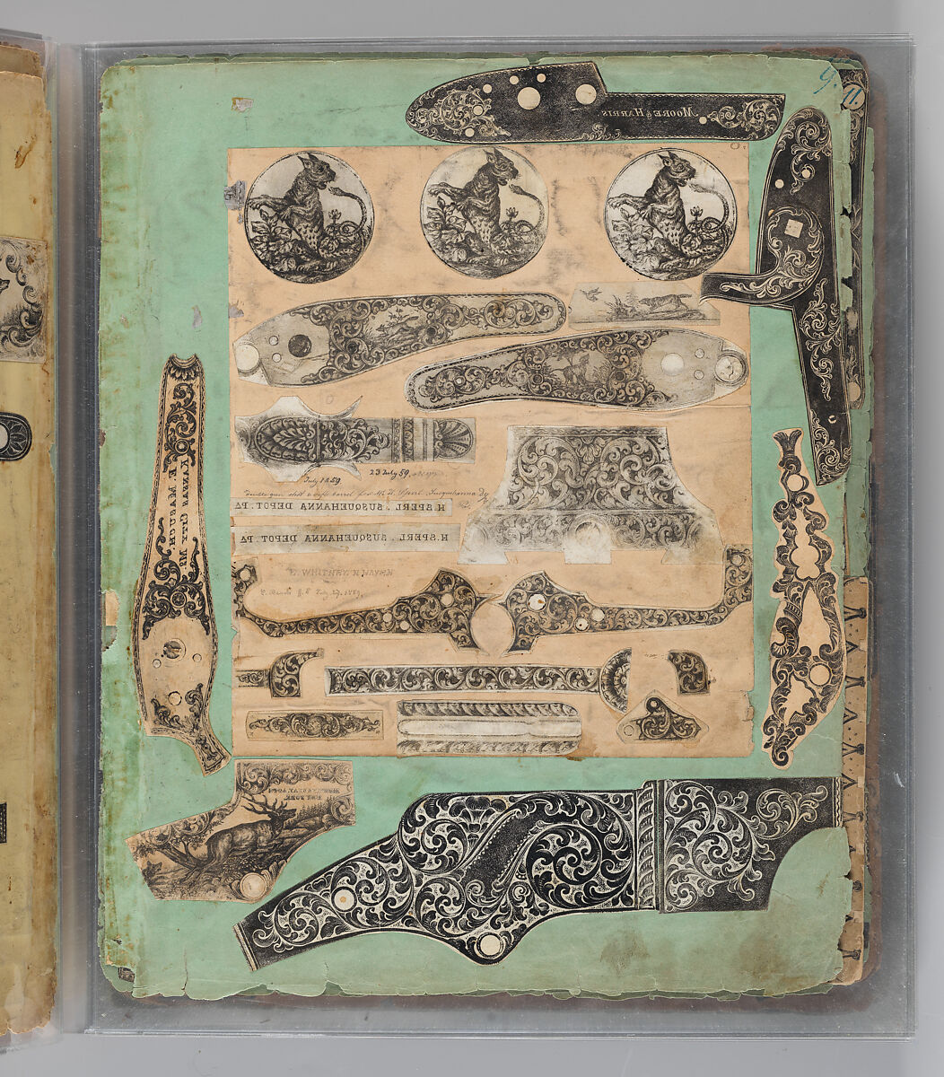 Workbook Recording the Engraved Firearms Ornament of Louis D. Nimschke (1832–1904), Louis Daniel Nimschke (American, born Ebersdorf, Reuss Schleiz, Germany July 14, 1832–April 9, 1904 Brooklyn, New York), Ink on paper, leather binding, American, New York