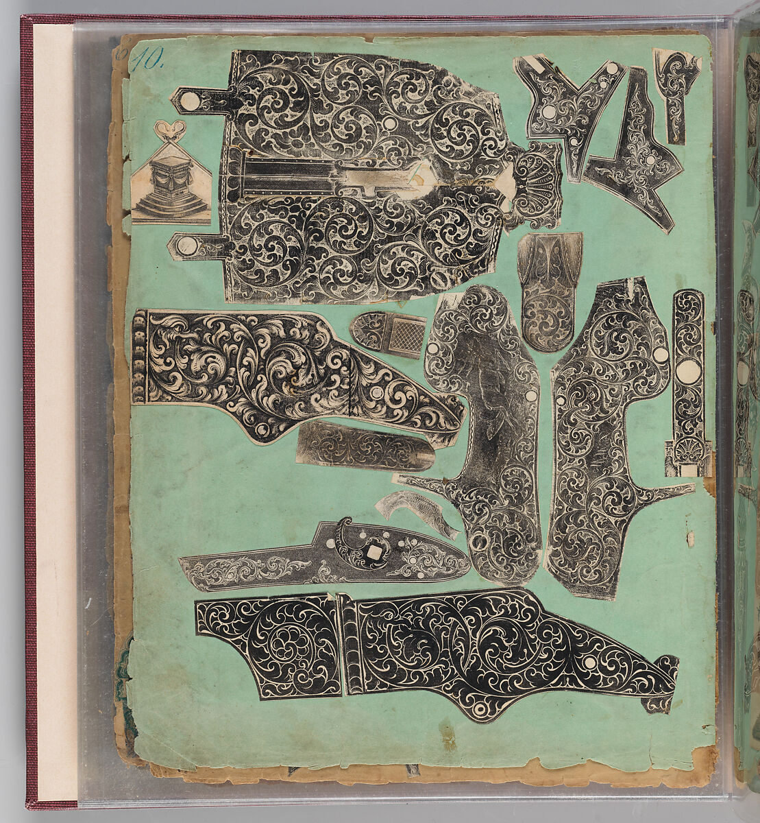 Workbook Recording the Engraved Firearms Ornament of Louis D. Nimschke (1832–1904), Louis Daniel Nimschke (American, born Ebersdorf, Reuss Schleiz, Germany July 14, 1832–April 9, 1904 Brooklyn, New York), Ink on paper, leather binding, American, New York