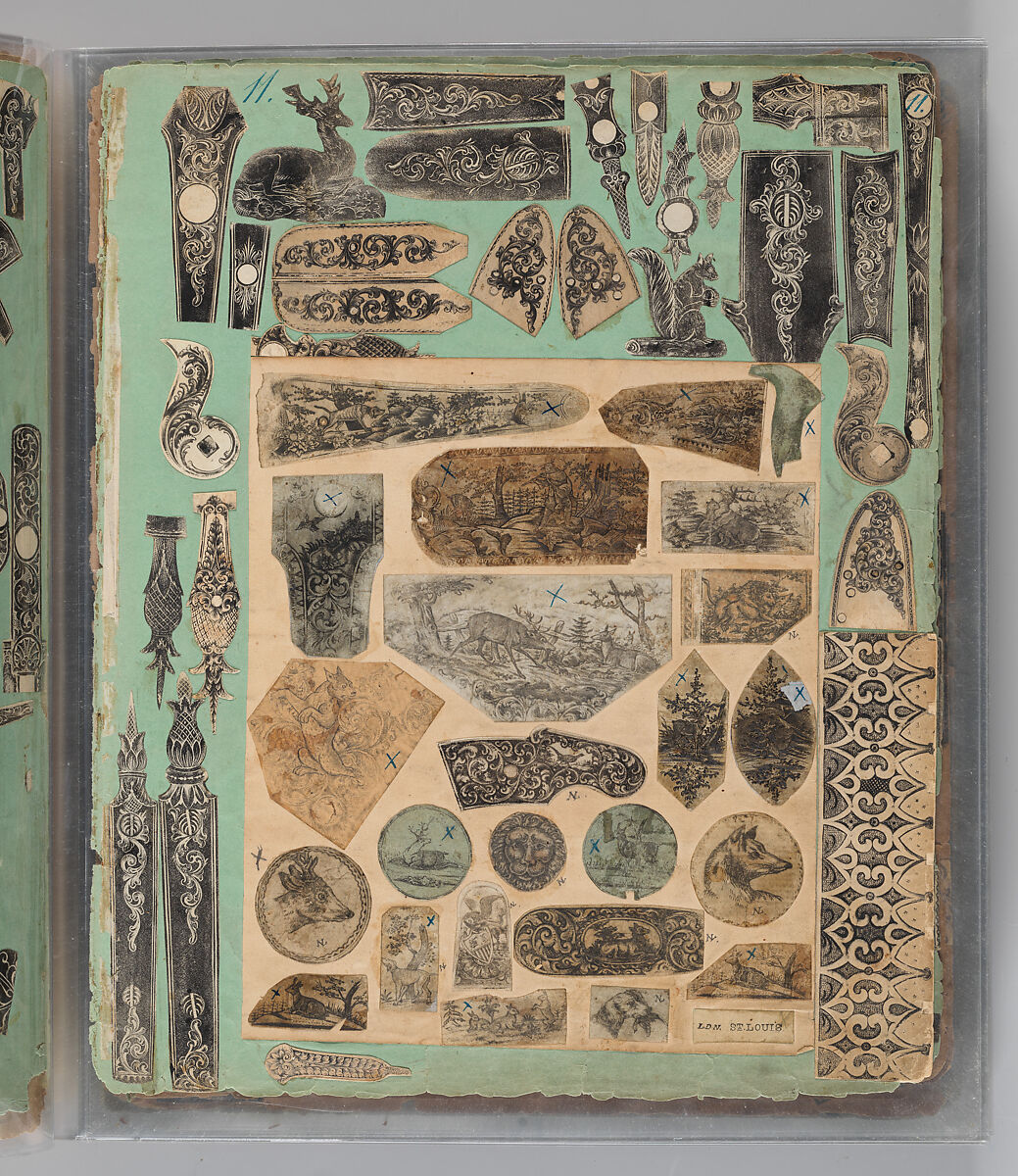 Workbook Recording the Engraved Firearms Ornament of Louis D. Nimschke (1832–1904), Louis Daniel Nimschke (American, born Ebersdorf, Reuss Schleiz, Germany July 14, 1832–April 9, 1904 Brooklyn, New York), Ink on paper, leather binding, American, New York