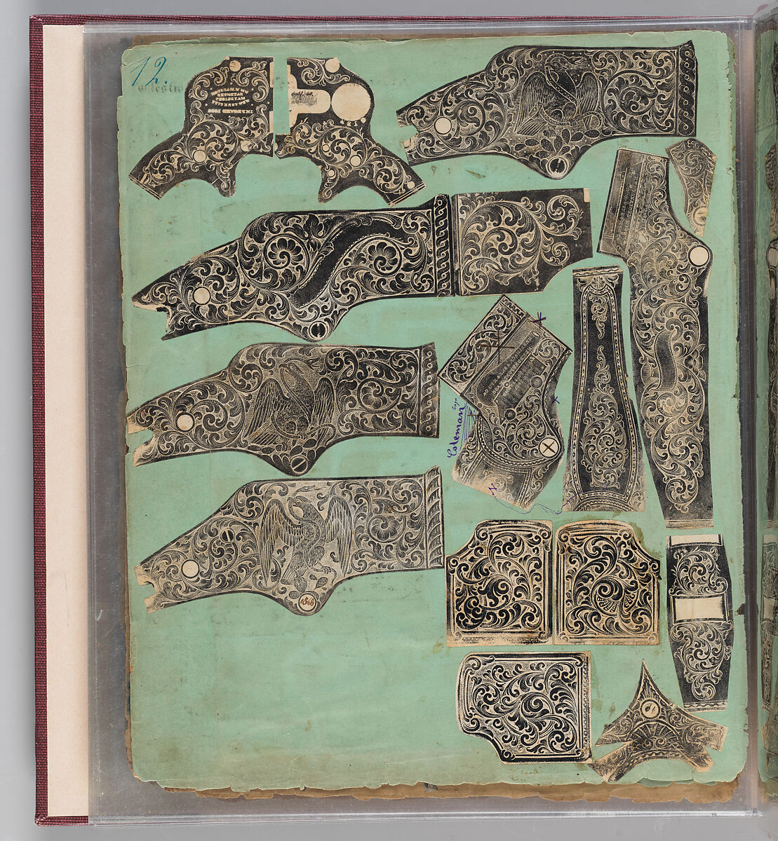 Workbook Recording the Engraved Firearms Ornament of Louis D. Nimschke (1832–1904), Louis Daniel Nimschke (American, born Ebersdorf, Reuss Schleiz, Germany July 14, 1832–April 9, 1904 Brooklyn, New York), Ink on paper, leather binding, American, New York