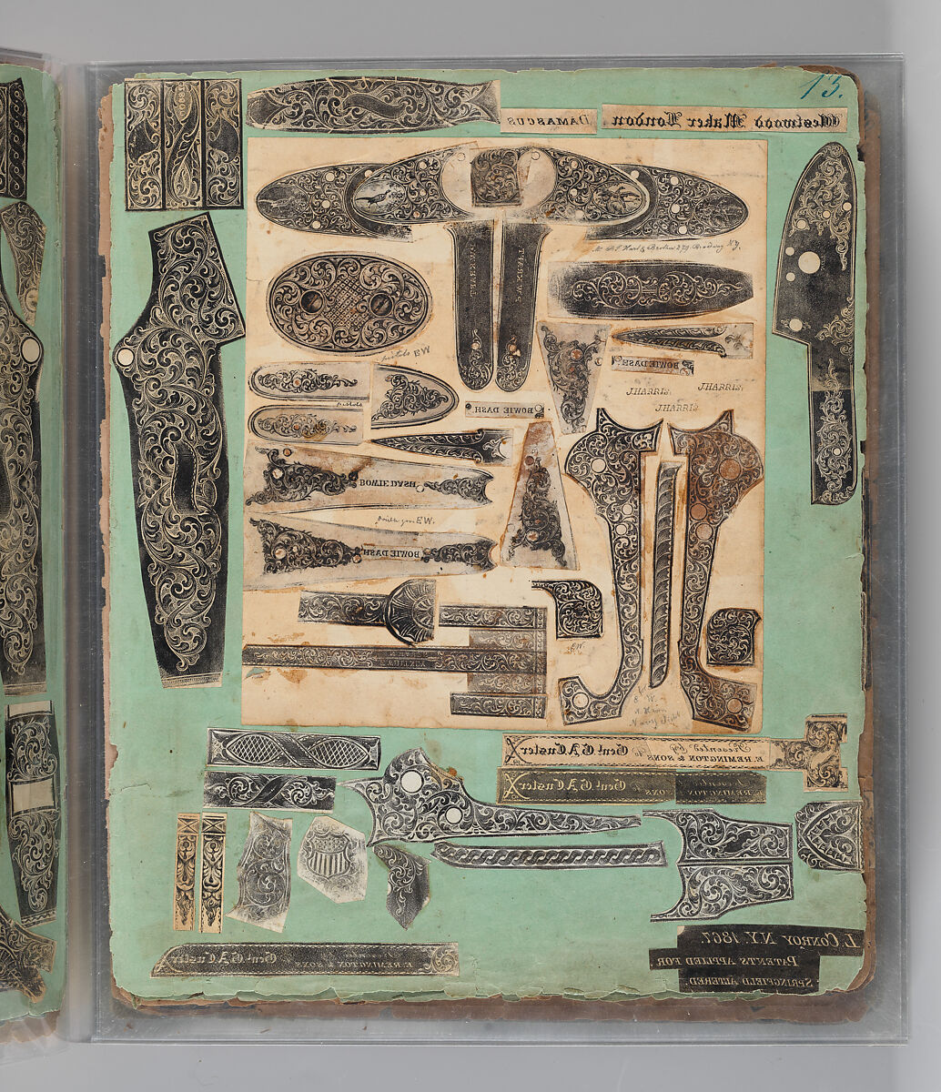 Workbook Recording the Engraved Firearms Ornament of Louis D. Nimschke (1832–1904), Louis Daniel Nimschke (American, born Ebersdorf, Reuss Schleiz, Germany July 14, 1832–April 9, 1904 Brooklyn, New York), Ink on paper, leather binding, American, New York