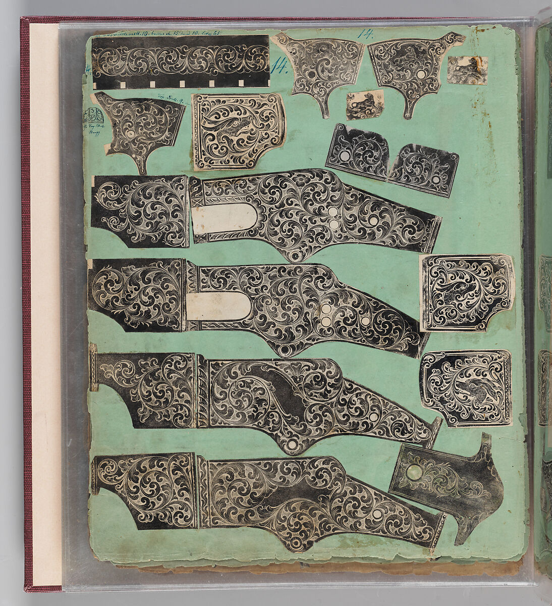 Workbook Recording the Engraved Firearms Ornament of Louis D. Nimschke (1832–1904), Louis Daniel Nimschke (American, born Ebersdorf, Reuss Schleiz, Germany July 14, 1832–April 9, 1904 Brooklyn, New York), Ink on paper, leather binding, American, New York