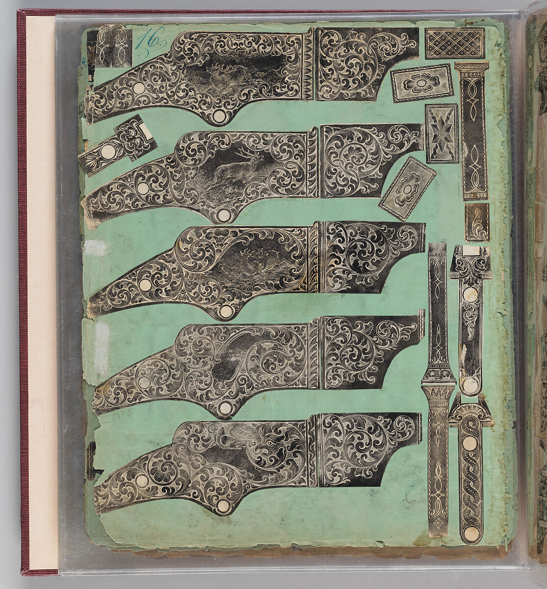 Workbook Recording the Engraved Firearms Ornament of Louis D. Nimschke (1832–1904), Louis Daniel Nimschke (American, born Ebersdorf, Reuss Schleiz, Germany July 14, 1832–April 9, 1904 Brooklyn, New York), Ink on paper, leather binding, American, New York