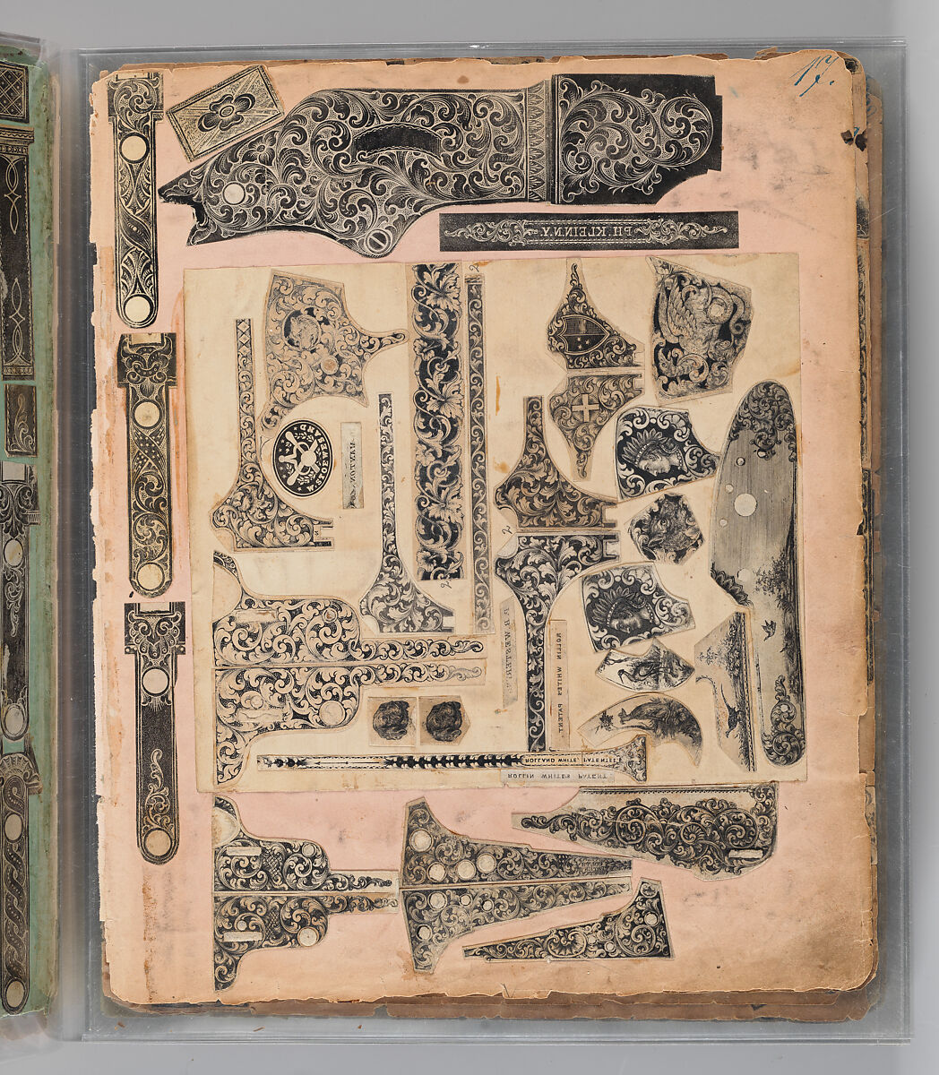 Workbook Recording the Engraved Firearms Ornament of Louis D. Nimschke (1832–1904), Louis Daniel Nimschke (American, born Ebersdorf, Reuss Schleiz, Germany July 14, 1832–April 9, 1904 Brooklyn, New York), Ink on paper, leather binding, American, New York
