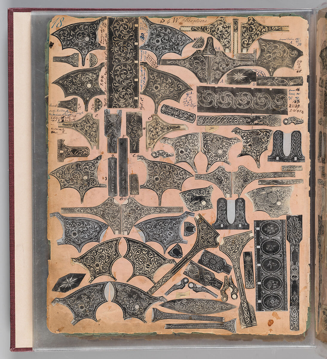 Workbook Recording the Engraved Firearms Ornament of Louis D. Nimschke (1832–1904), Louis Daniel Nimschke (American, born Ebersdorf, Reuss Schleiz, Germany July 14, 1832–April 9, 1904 Brooklyn, New York), Ink on paper, leather binding, American, New York