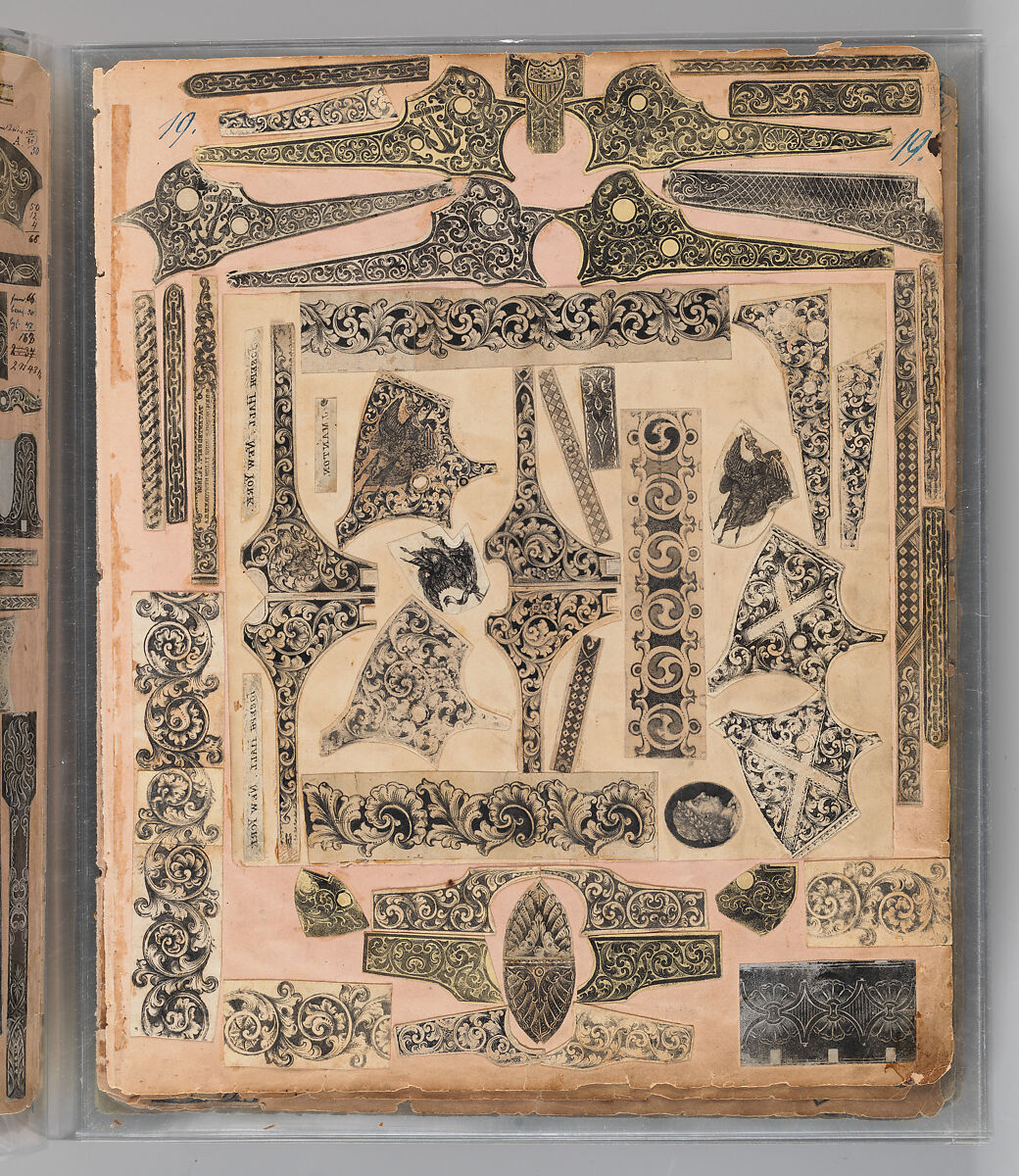 Workbook Recording the Engraved Firearms Ornament of Louis D. Nimschke (1832–1904), Louis Daniel Nimschke (American, born Ebersdorf, Reuss Schleiz, Germany July 14, 1832–April 9, 1904 Brooklyn, New York), Ink on paper, leather binding, American, New York