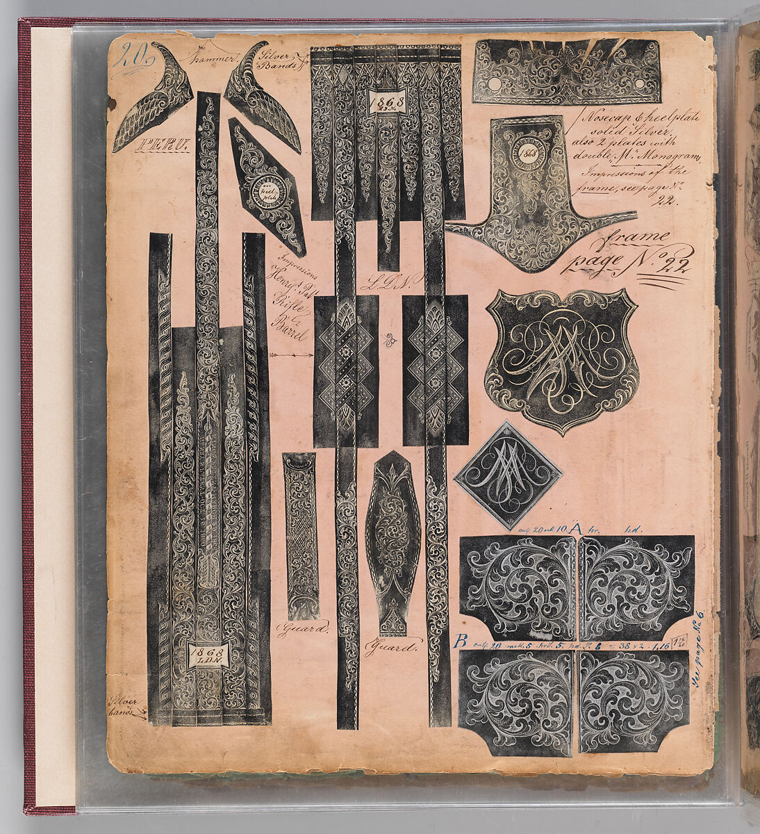 Workbook Recording the Engraved Firearms Ornament of Louis D. Nimschke (1832–1904), Louis Daniel Nimschke (American, born Ebersdorf, Reuss Schleiz, Germany July 14, 1832–April 9, 1904 Brooklyn, New York), Ink on paper, leather binding, American, New York