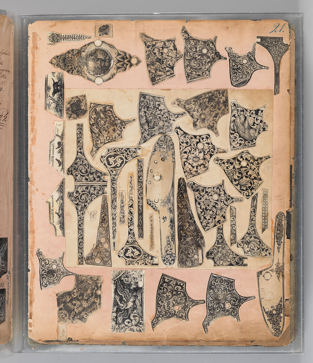 Workbook Recording the Engraved Firearms Ornament of Louis D. Nimschke (1832–1904), Louis Daniel Nimschke (American, born Ebersdorf, Reuss Schleiz, Germany July 14, 1832–April 9, 1904 Brooklyn, New York), Ink on paper, leather binding, American, New York
