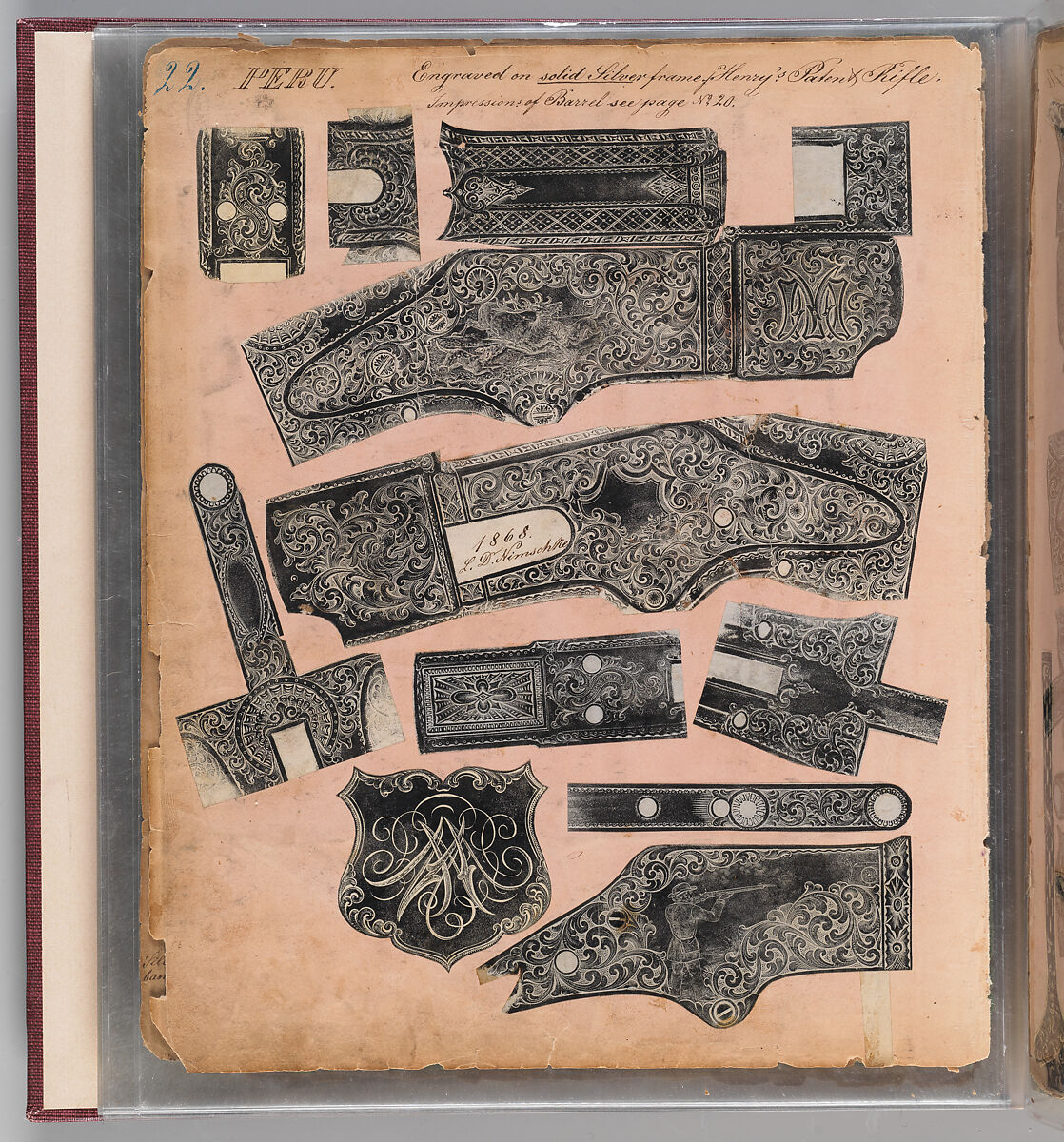 Workbook Recording the Engraved Firearms Ornament of Louis D. Nimschke (1832–1904), Louis Daniel Nimschke (American, born Ebersdorf, Reuss Schleiz, Germany July 14, 1832–April 9, 1904 Brooklyn, New York), Ink on paper, leather binding, American, New York