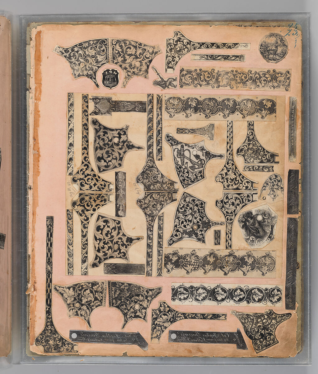Workbook Recording the Engraved Firearms Ornament of Louis D. Nimschke (1832–1904), Louis Daniel Nimschke (American, born Ebersdorf, Reuss Schleiz, Germany July 14, 1832–April 9, 1904 Brooklyn, New York), Ink on paper, leather binding, American, New York