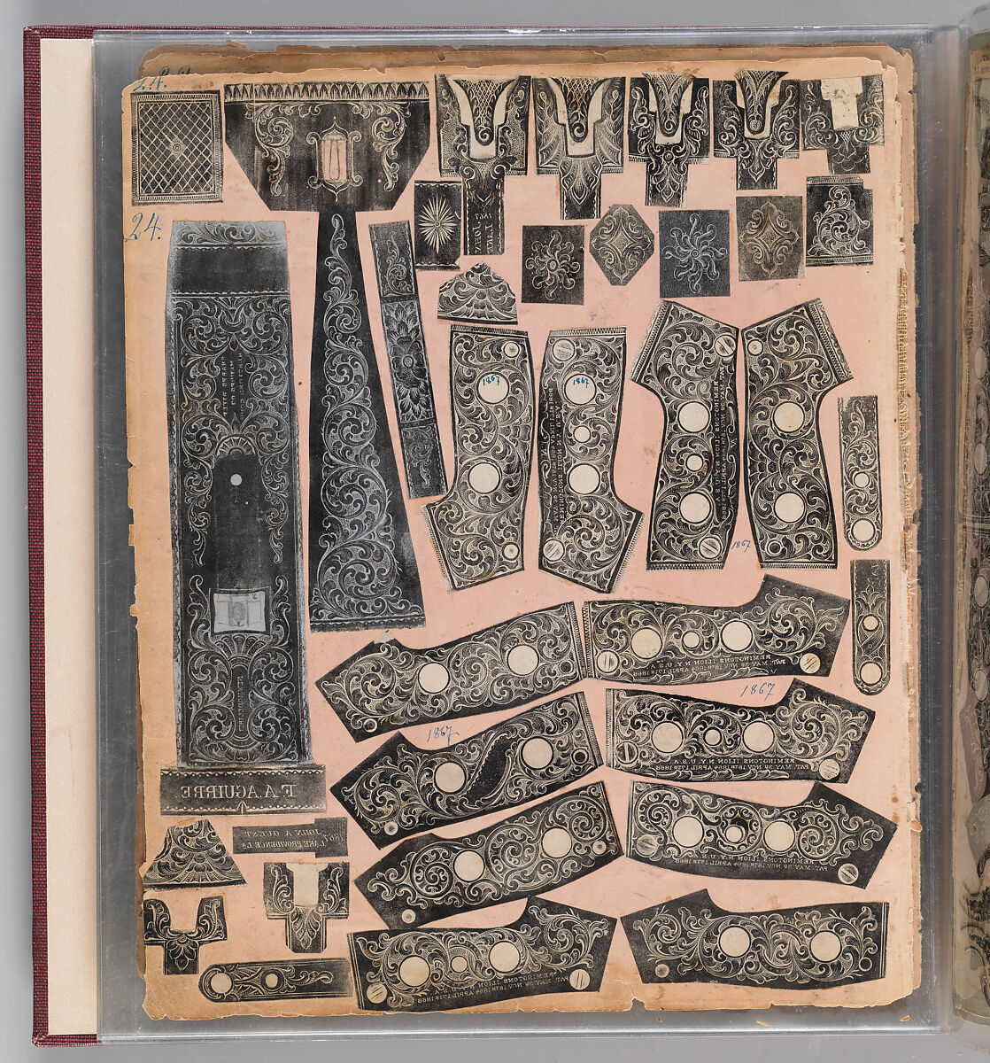 Workbook Recording the Engraved Firearms Ornament of Louis D. Nimschke (1832–1904), Louis Daniel Nimschke (American, born Ebersdorf, Reuss Schleiz, Germany July 14, 1832–April 9, 1904 Brooklyn, New York), Ink on paper, leather binding, American, New York