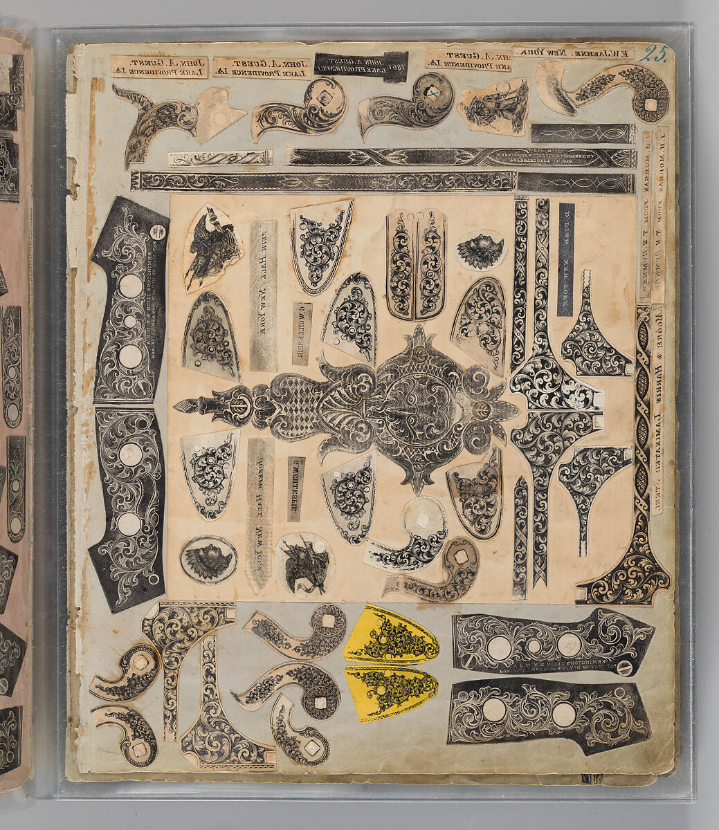Workbook Recording the Engraved Firearms Ornament of Louis D. Nimschke (1832–1904), Louis Daniel Nimschke (American, born Ebersdorf, Reuss Schleiz, Germany July 14, 1832–April 9, 1904 Brooklyn, New York), Ink on paper, leather binding, American, New York
